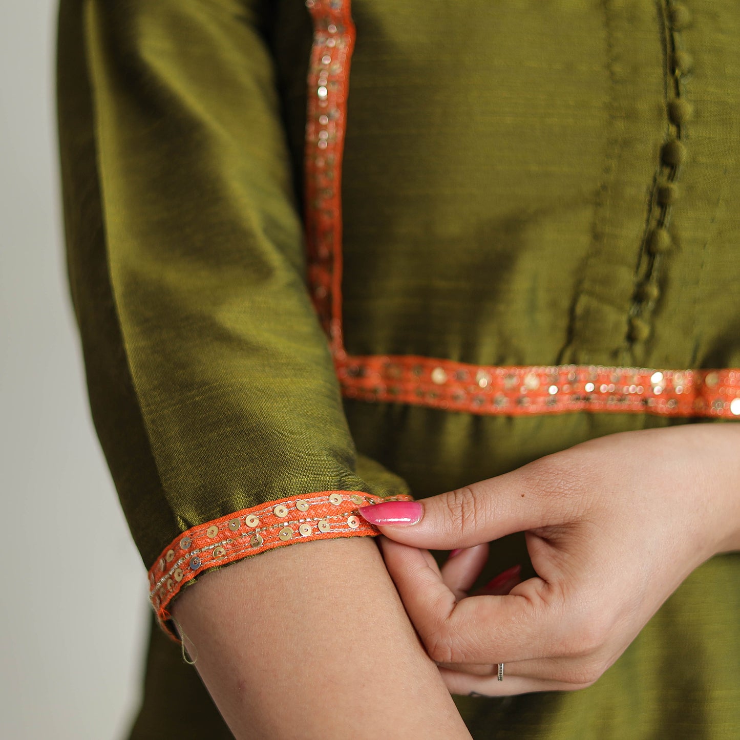 Olive Green - Plain Solid Slub Silk Kurta with Beadwork Hand Embroidery Lace 01