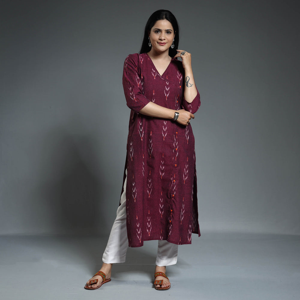 Dark Purple - Pochampally Ikat Weave Cotton Long Kurta