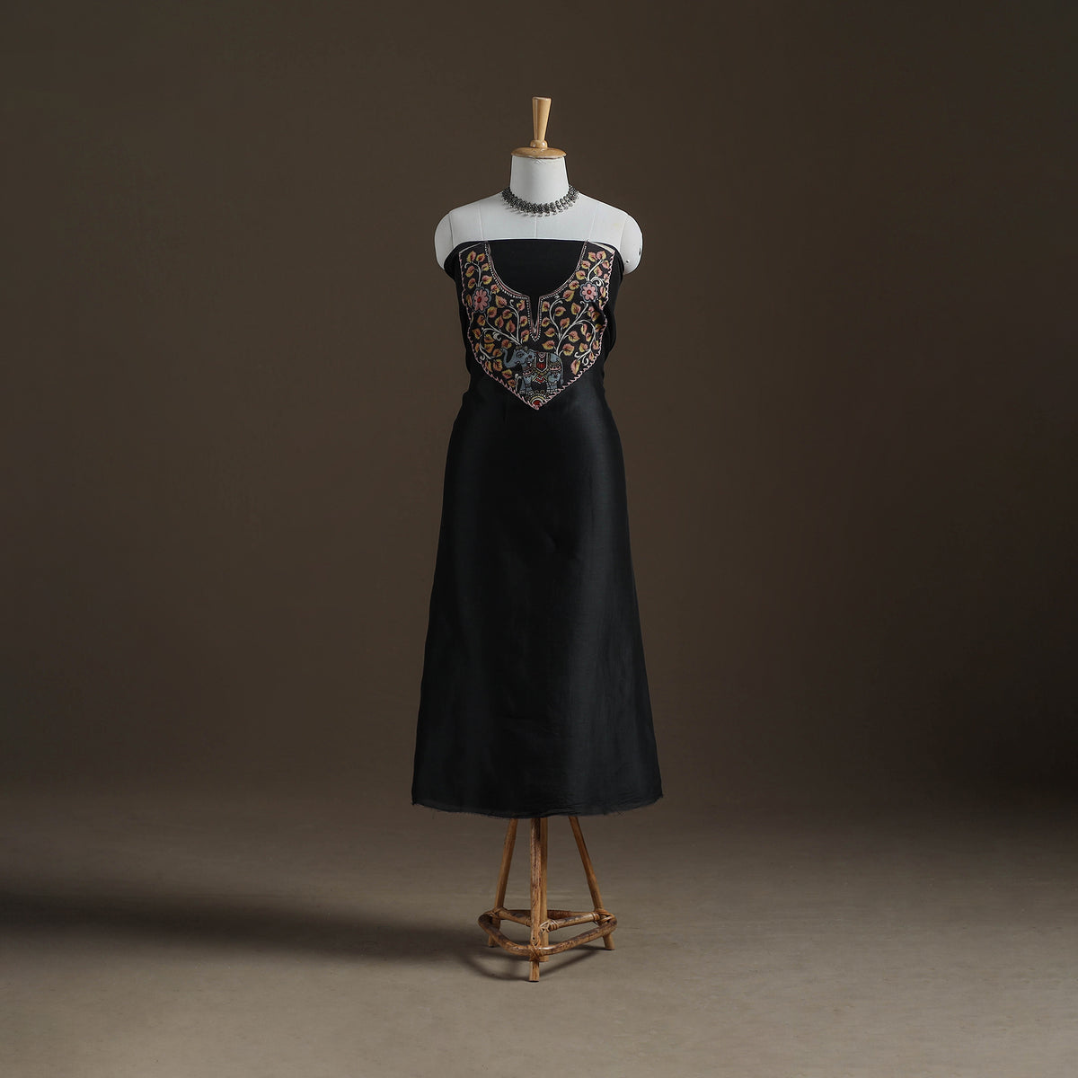 Black - Handpainted Srikalahasti Handloom Chanderi Silk Unstitched Kurta (2.3M) 18