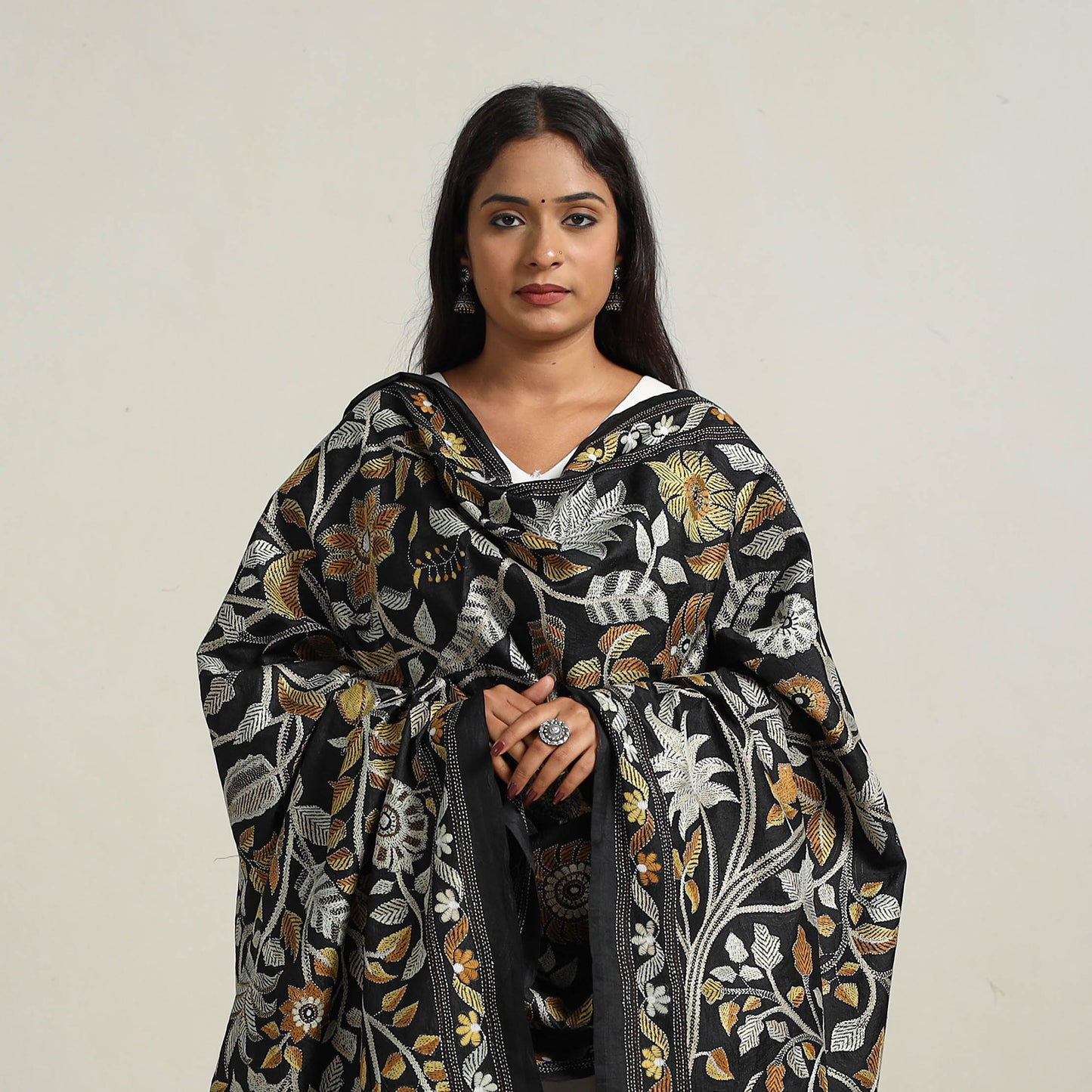 Black - Bengal Handloom Silk Kantha Embroidery Dupatta 17