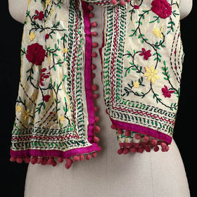 Ranihati Chanderi Silk Hand Embroidered Stole with Pom Pom 211