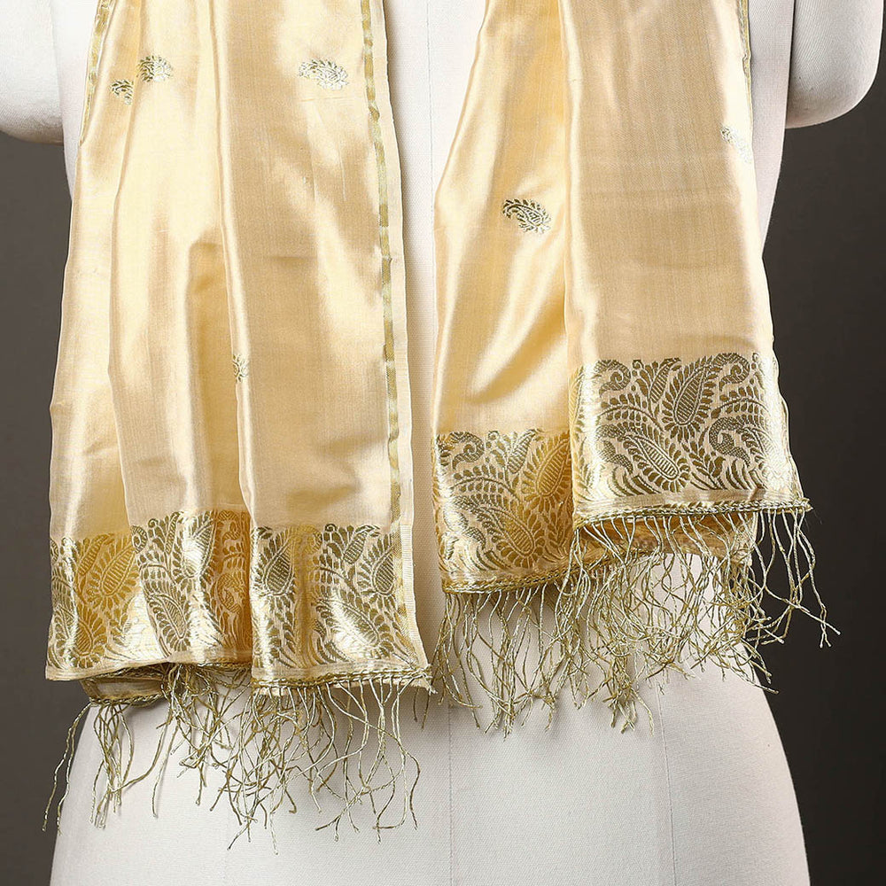 Beige - Brocade Handloom Pure Silk Banarasi Stole with Tassels 08