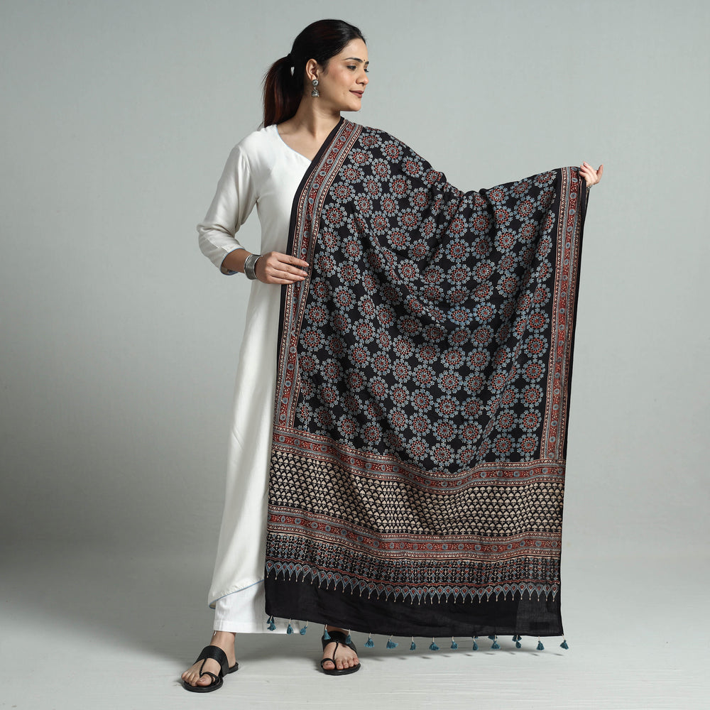 Black - Hand Block Printed Cotton Ajrakh Dupatta 36