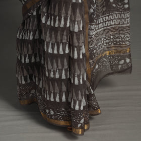 Brown - Bagru Block Printed Kota Doria Cotton Zari Border Saree