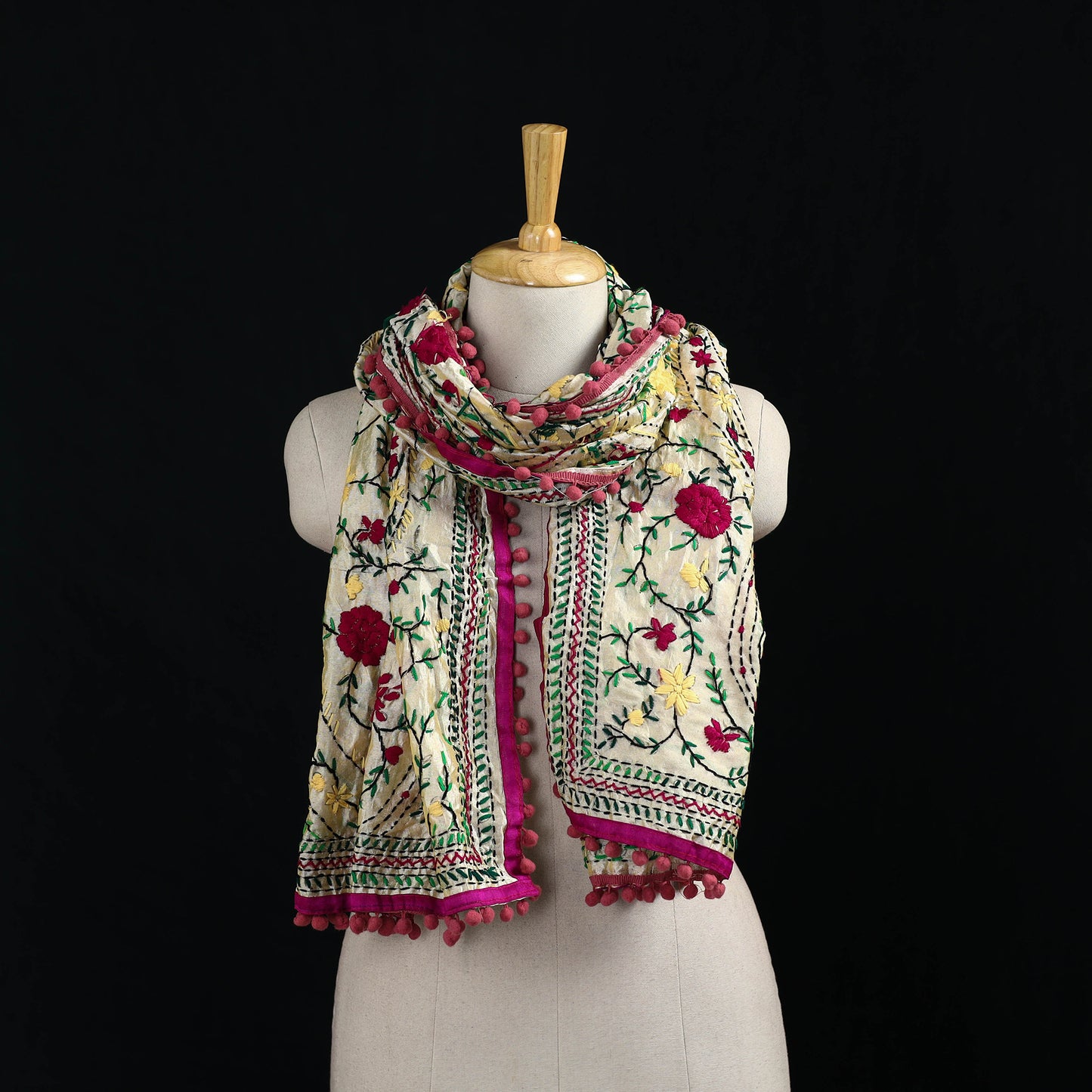 Ranihati Chanderi Silk Hand Embroidered Stole with Pom Pom 211