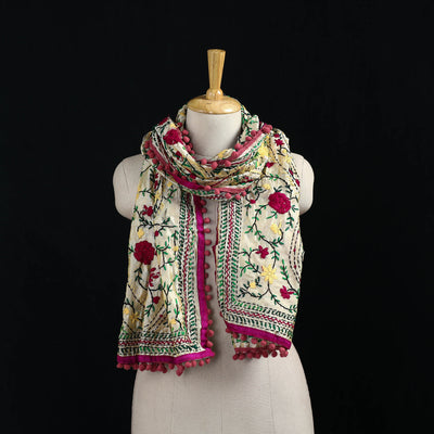 Ranihati Chanderi Silk Hand Embroidered Stole with Pom Pom 211