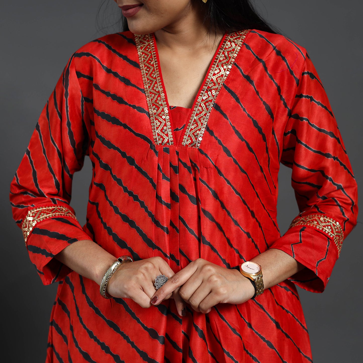 Chanderi Silk A-Line Lacework Tie-Dye Leheriya Kurta 08