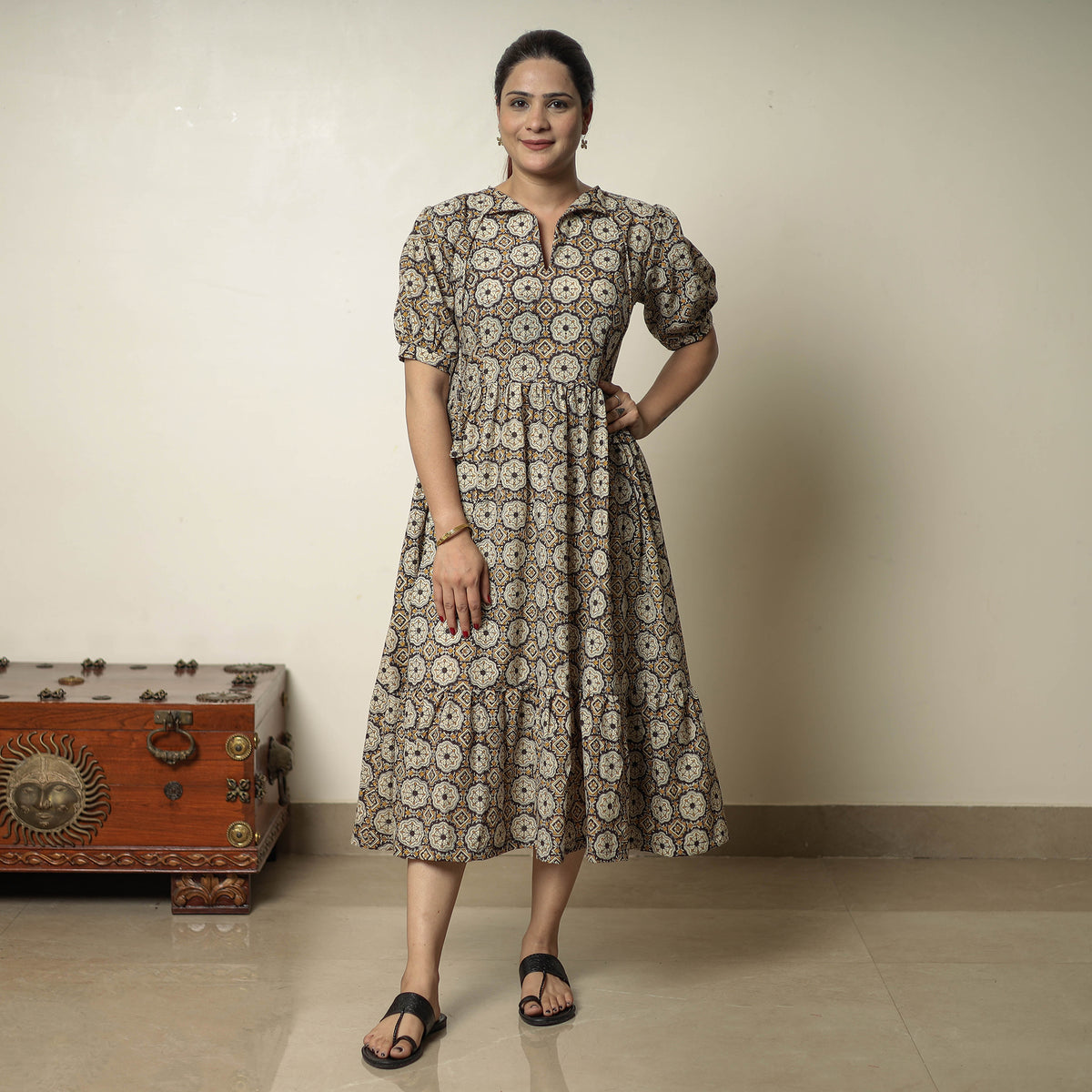 Multicolor - Bagru Block Printed Cotton Tiered Dress 12