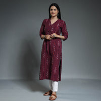 Dark Purple - Pochampally Ikat Weave Cotton Long Kurta