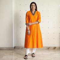 Orange - Plain Solid Slub Silk A-Line Kurta with Beadwork Hand Embroidery Lace 23