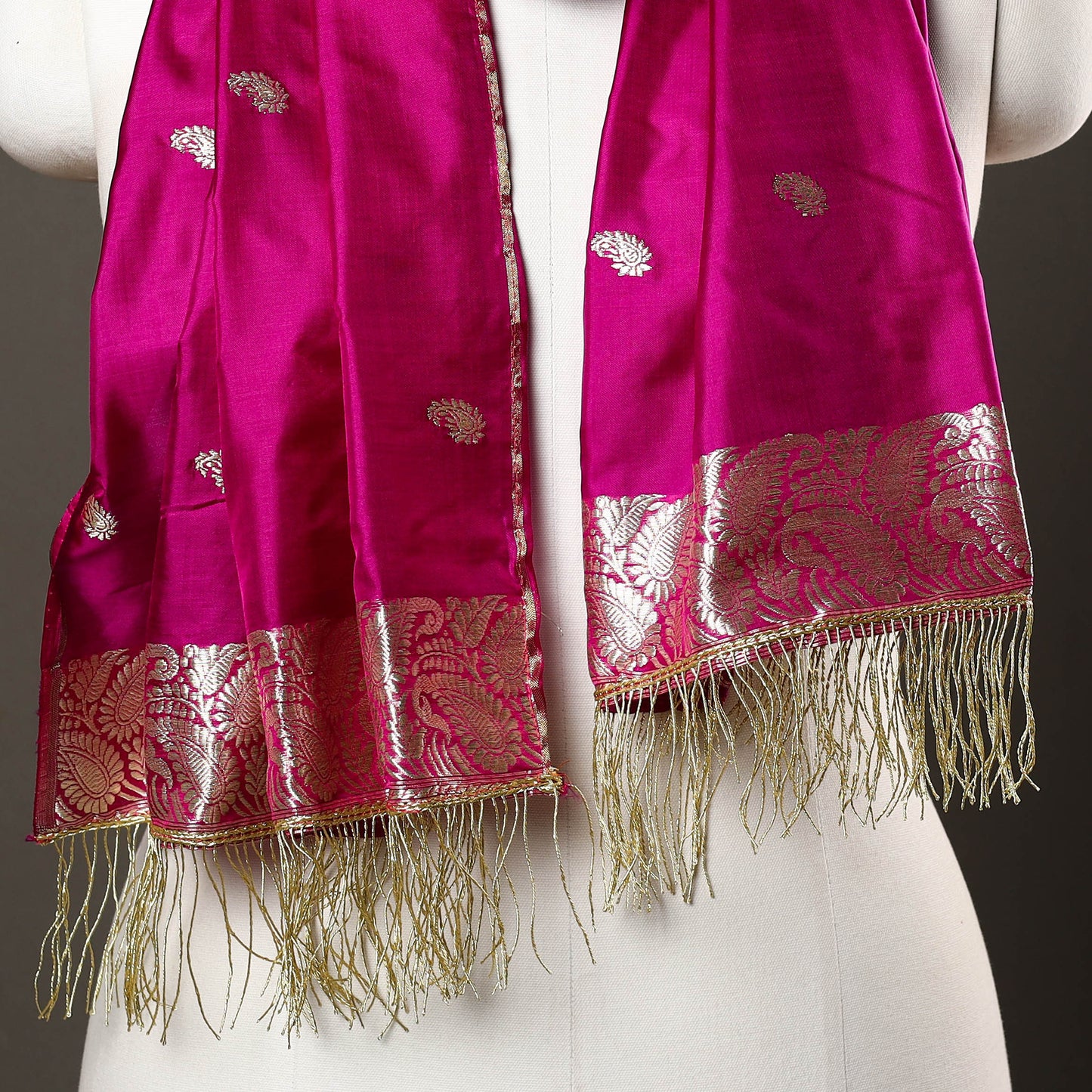 Purple - Brocade Handloom Pure Silk Banarasi Stole with Tassels 07