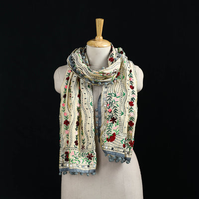 Ranihati Chanderi Silk Hand Embroidered Stole with Pom Pom 212