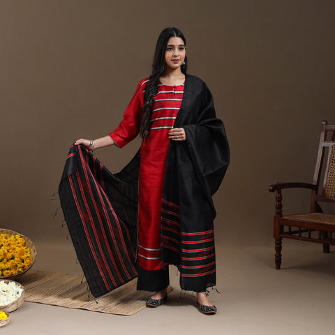 Red - Bhagalpuri Handloom Tussar Silk Suit Set 11