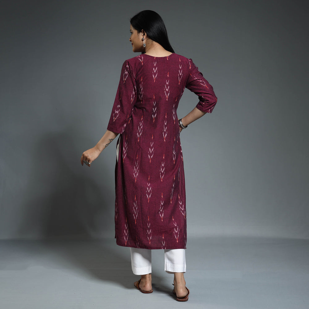 Dark Purple - Pochampally Ikat Weave Cotton Long Kurta