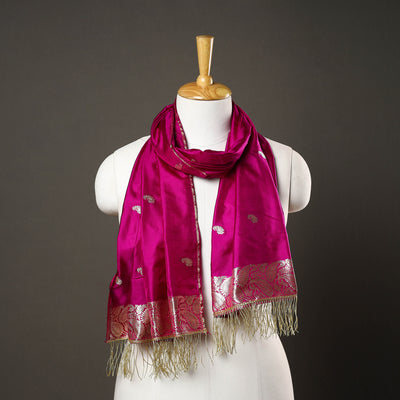 Purple - Brocade Handloom Pure Silk Banarasi Stole with Tassels 07