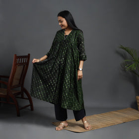 Green - Chanderi Silk Tie-Dye Flared Leheriya Kurta 13