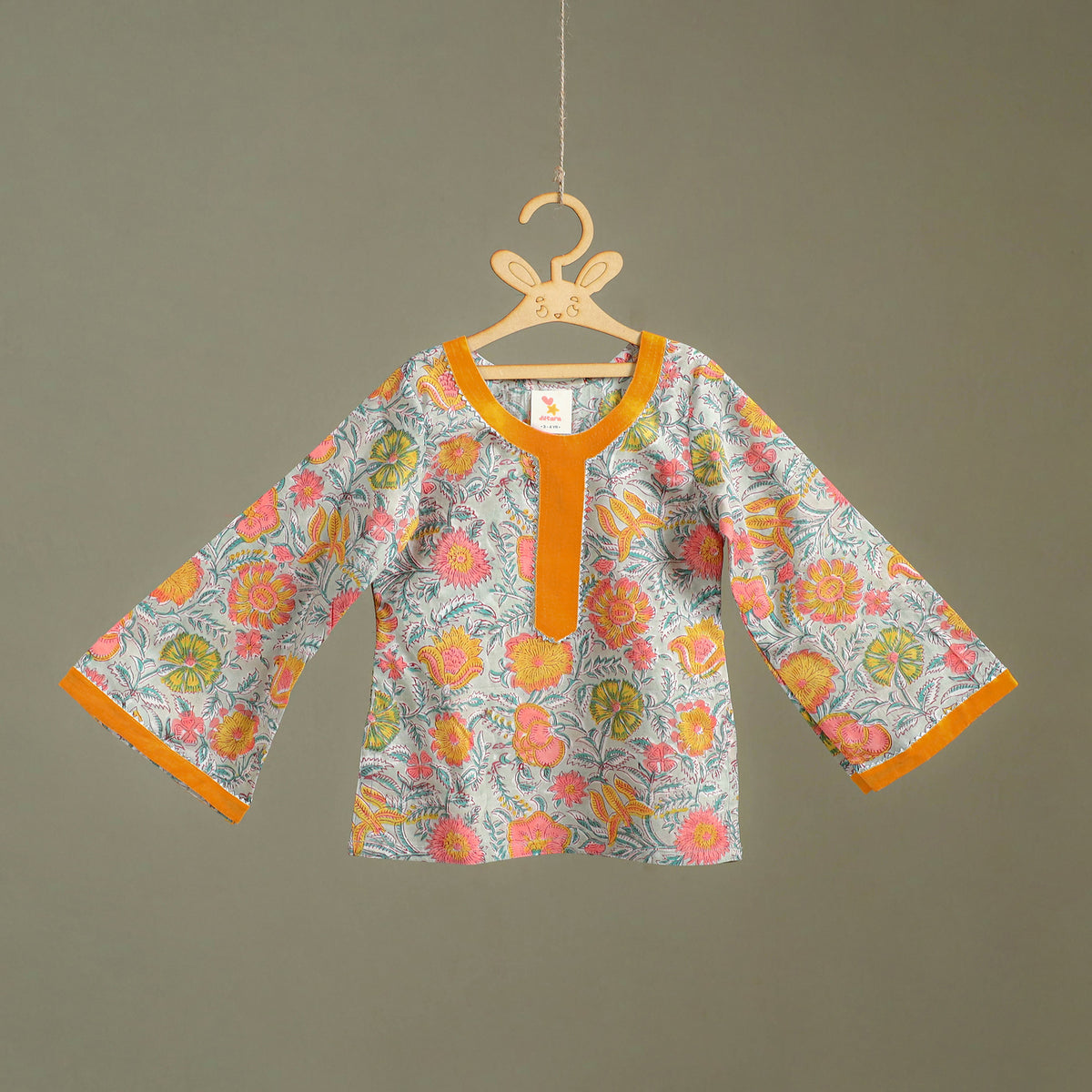 Girls gota work floral block print cotton kurta