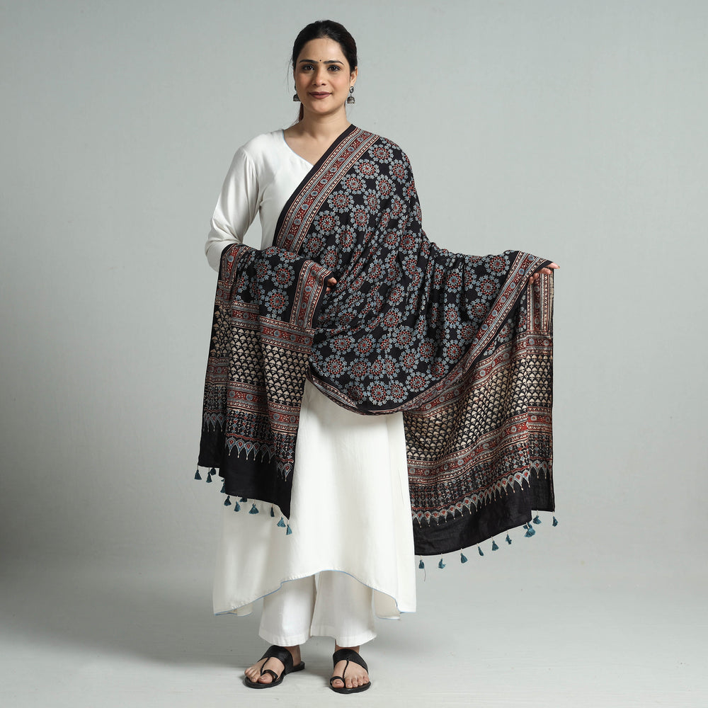 Black - Hand Block Printed Cotton Ajrakh Dupatta 36