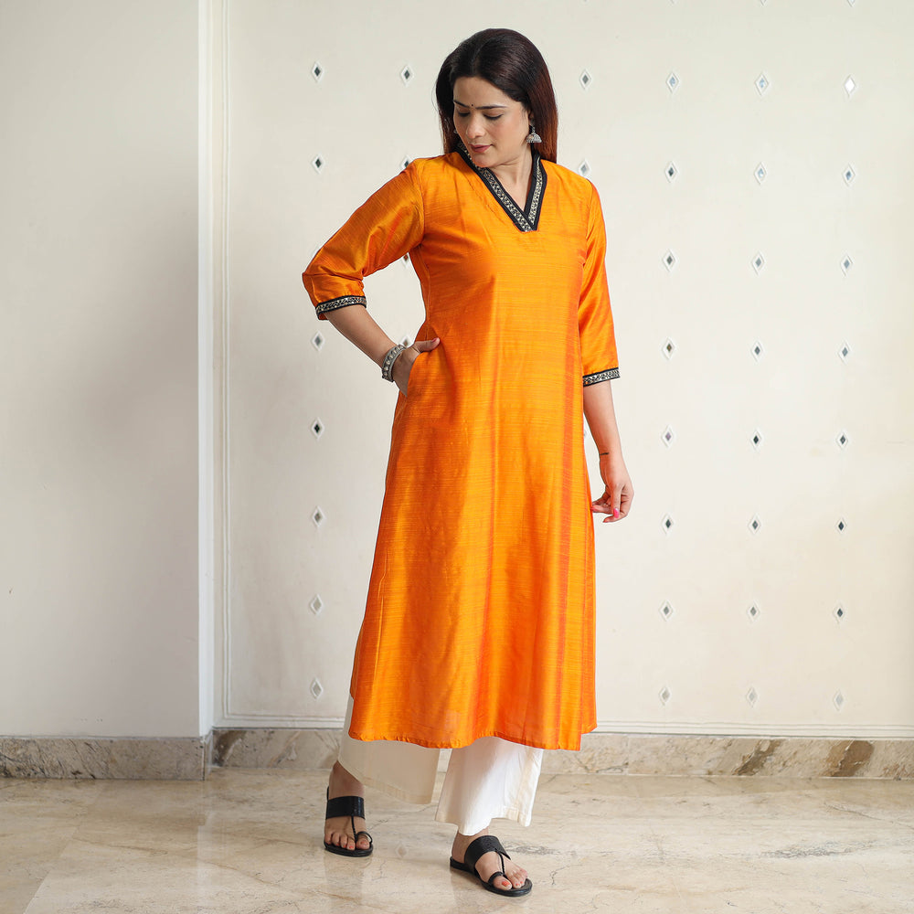 Orange - Plain Solid Slub Silk A-Line Kurta with Beadwork Hand Embroidery Lace 23