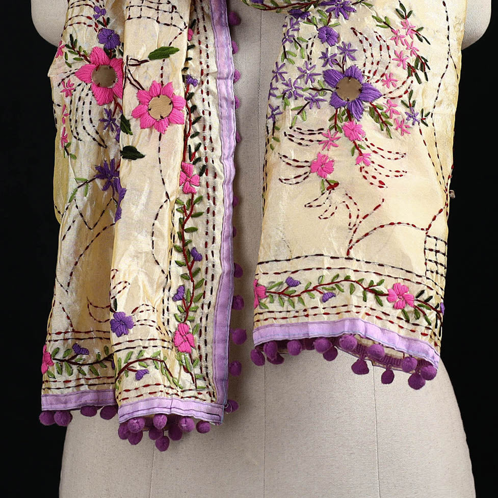 Ranihati Chanderi Silk Hand Embroidered Stole with Pom Pom 213