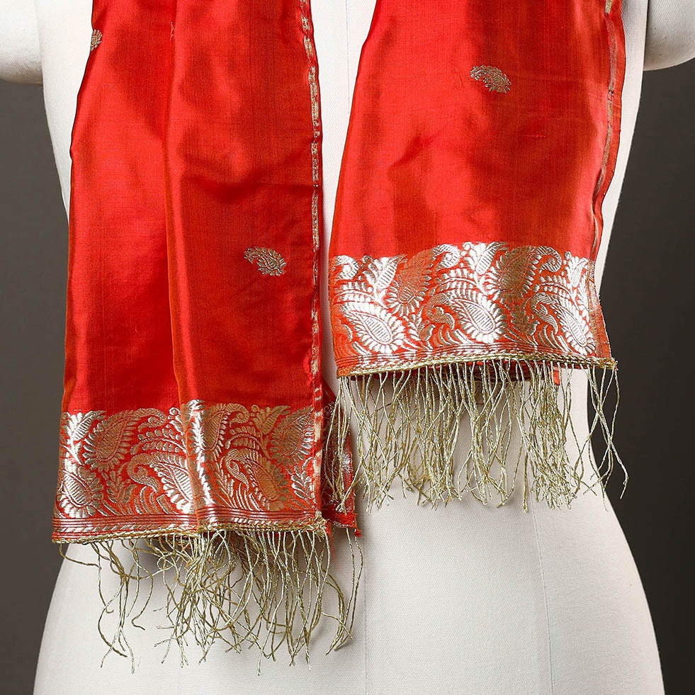 Red - Brocade Handloom Pure Silk Banarasi Stole with Tassels 06