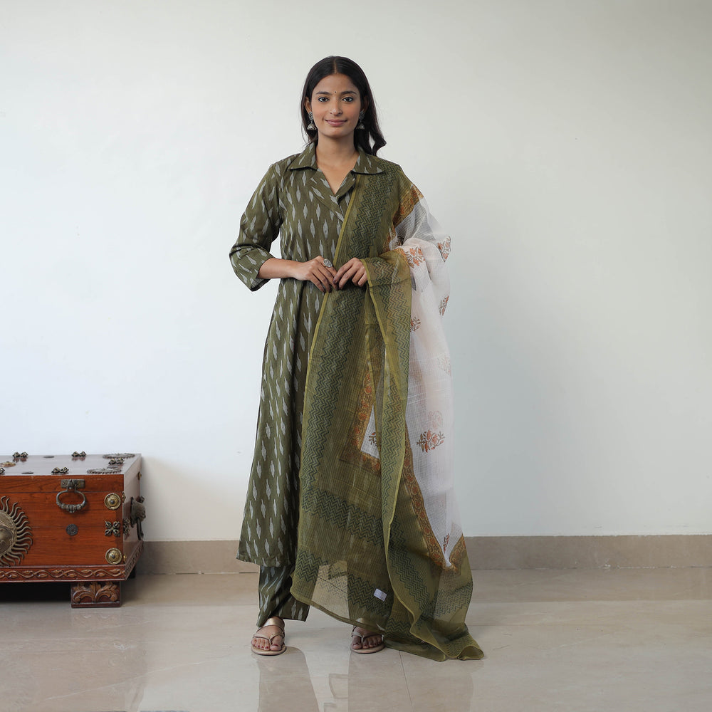 Green - Handloom Cotton Pochampally Ikat Kurta Set with Dupatta 06