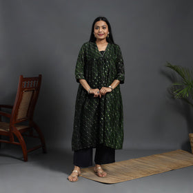 Green - Chanderi Silk Tie-Dye Flared Leheriya Kurta 13