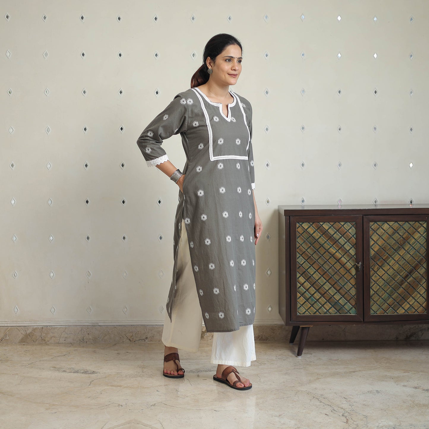 Grey - Jacquard Cotton Straight Kurta with Lace Work 28