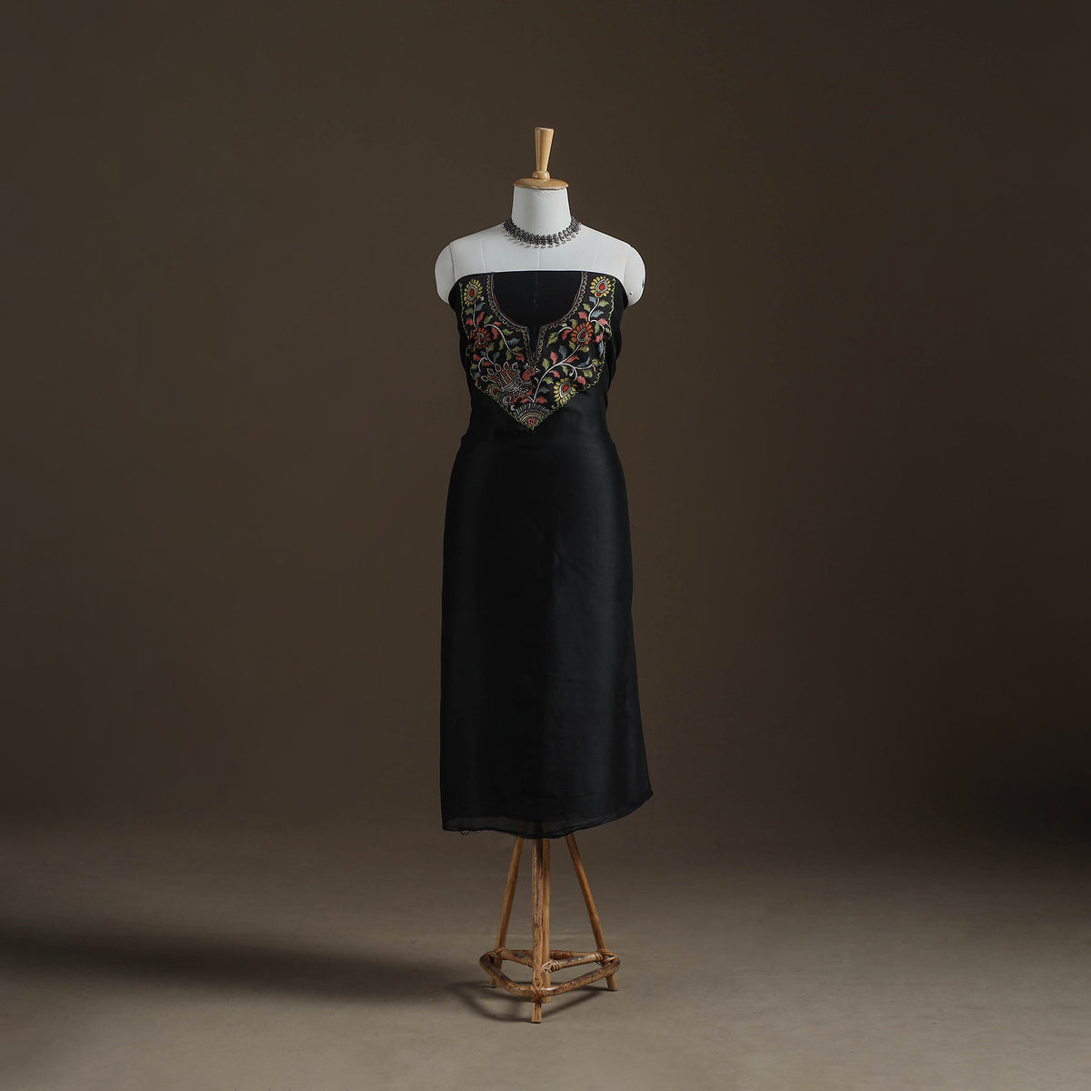 Black - Handpainted Srikalahasti Handloom Chanderi Silk Unstitched Kurta (2.3M) 19