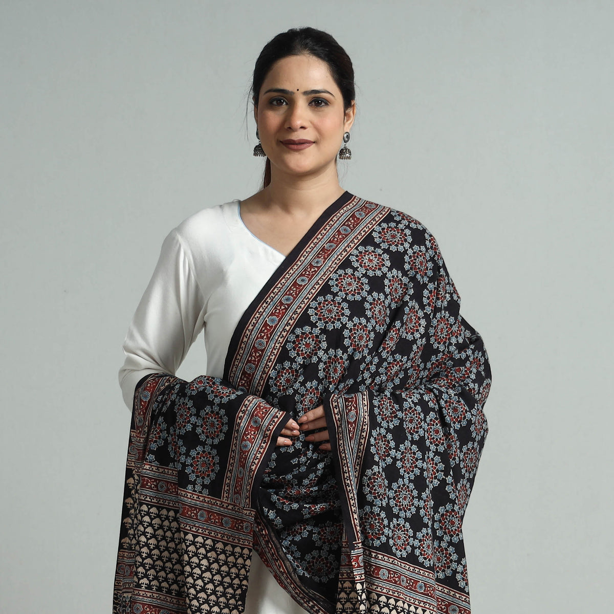 Black - Hand Block Printed Cotton Ajrakh Dupatta 36