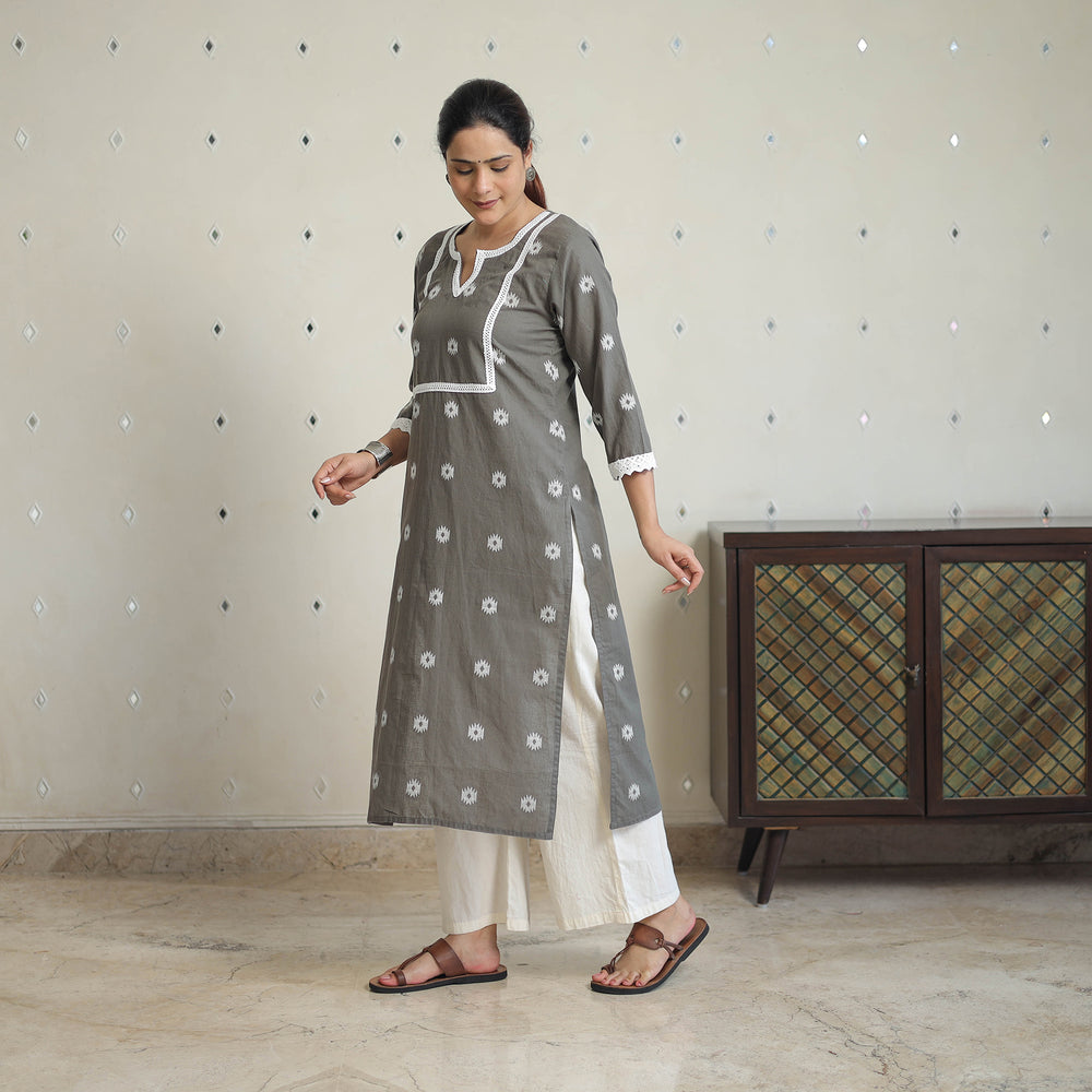 Grey - Jacquard Cotton Straight Kurta with Lace Work 28