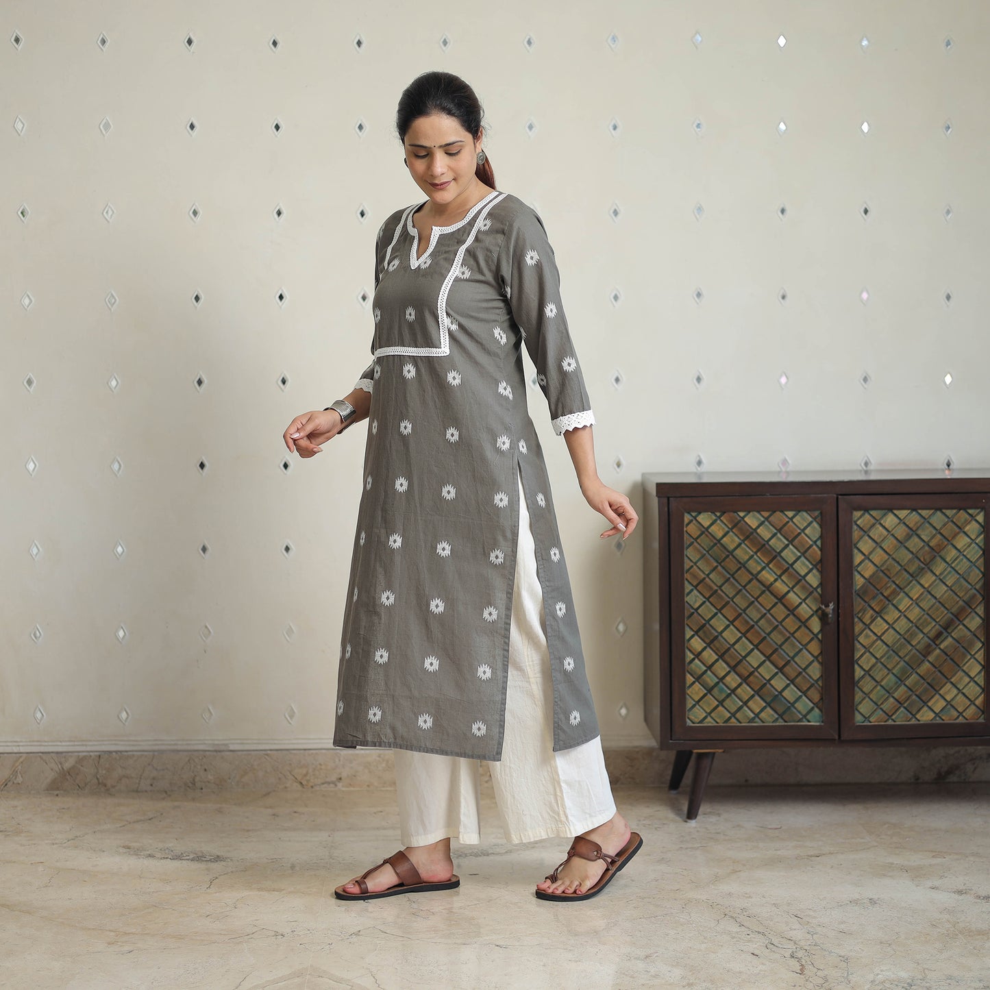 Grey - Jacquard Cotton Straight Kurta with Lace Work 28