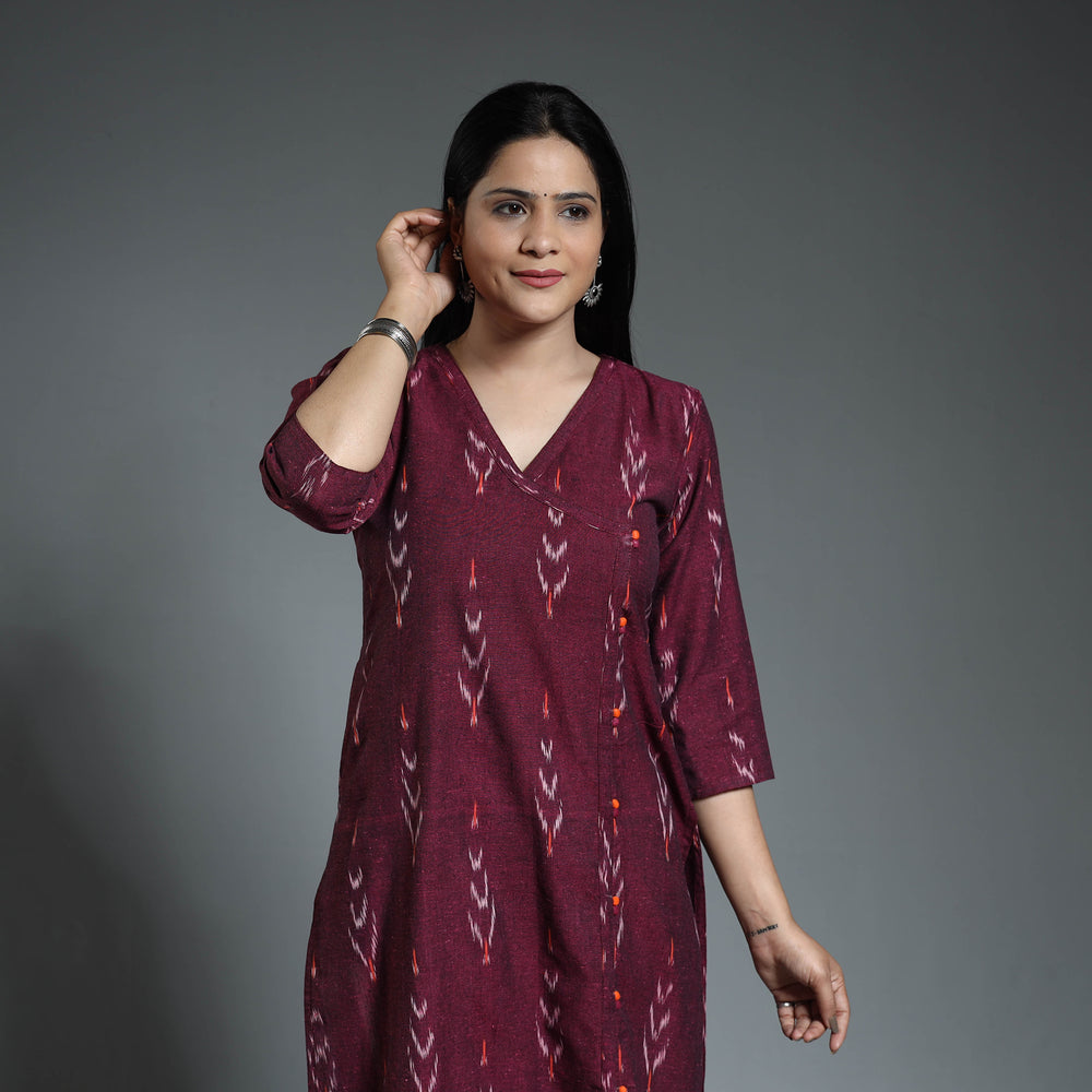 Dark Purple - Pochampally Ikat Weave Cotton Long Kurta