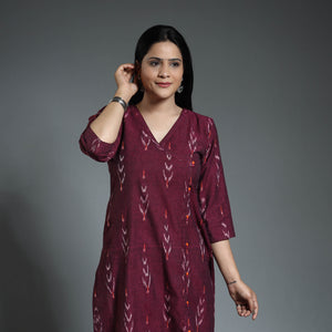 Dark Purple - Pochampally Ikat Weave Cotton Long Kurta