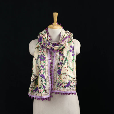 Ranihati Chanderi Silk Hand Embroidered Stole with Pom Pom 214