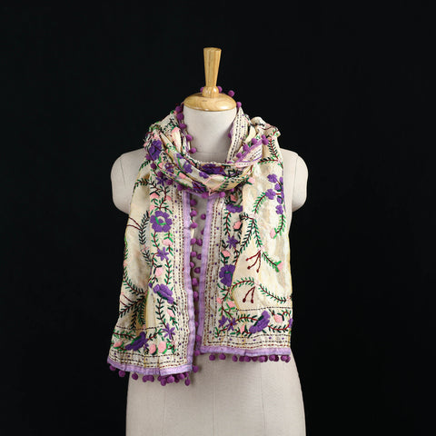 Ranihati Chanderi Silk Hand Embroidered Stole with Pom Pom 214
