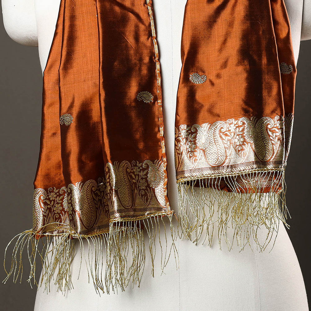 Orange - Brocade Handloom Pure Silk Banarasi Stole with Tassels 01