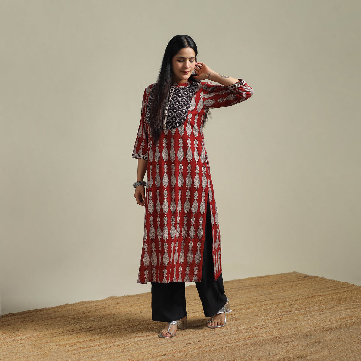 Red - Bagh Hand Block Print Natural Dyed Cotton Straight Kurta for women 03