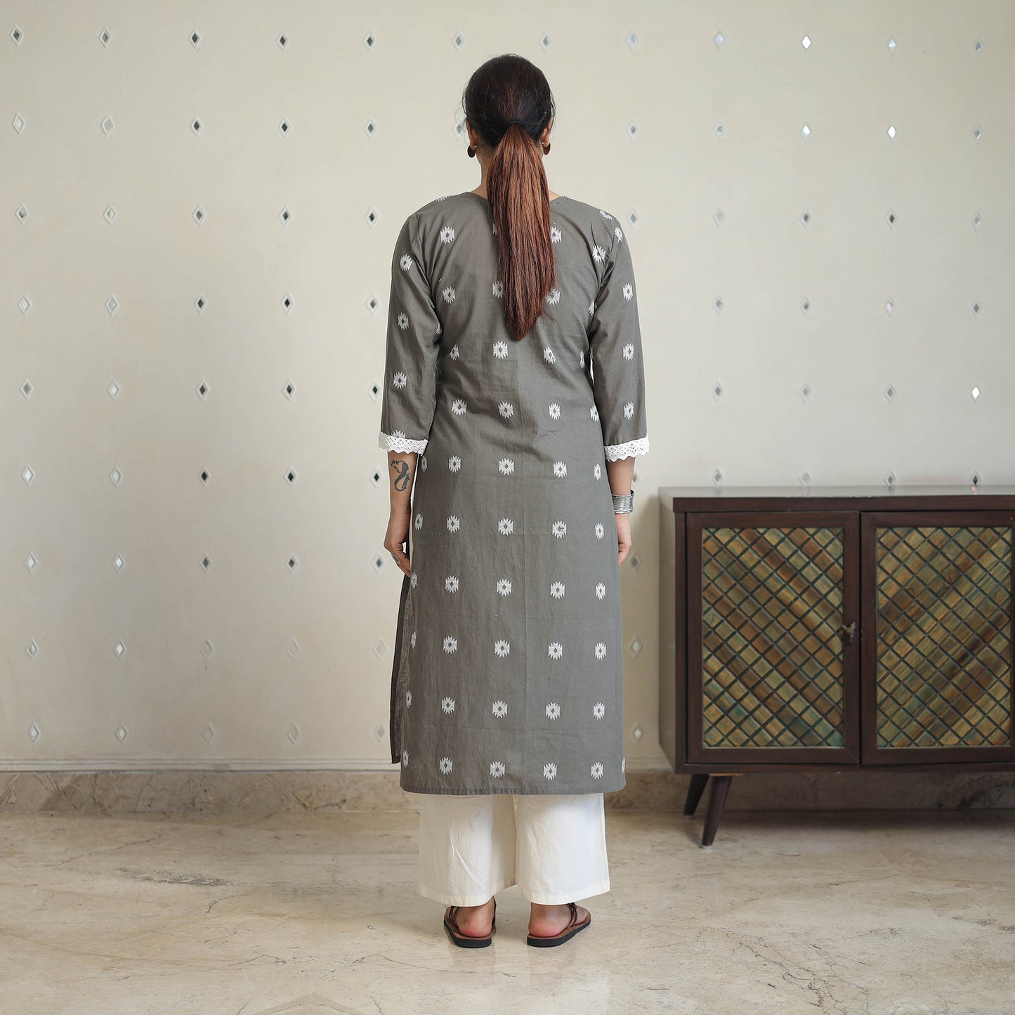 Grey - Jacquard Cotton Straight Kurta with Lace Work 28