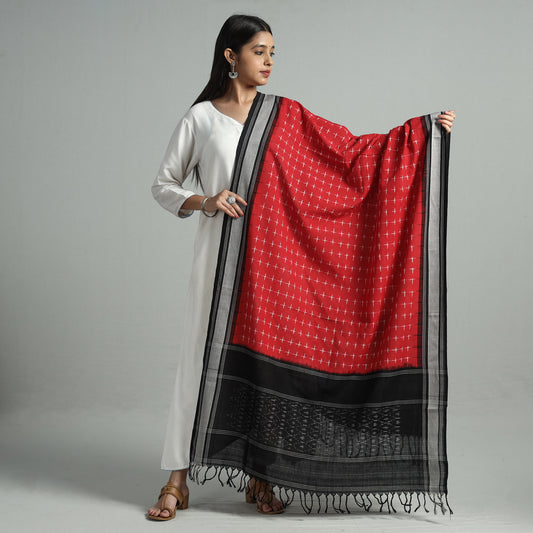 Red - Pochampally Ikat Handloom Cotton Dupatta with Thread Border 01