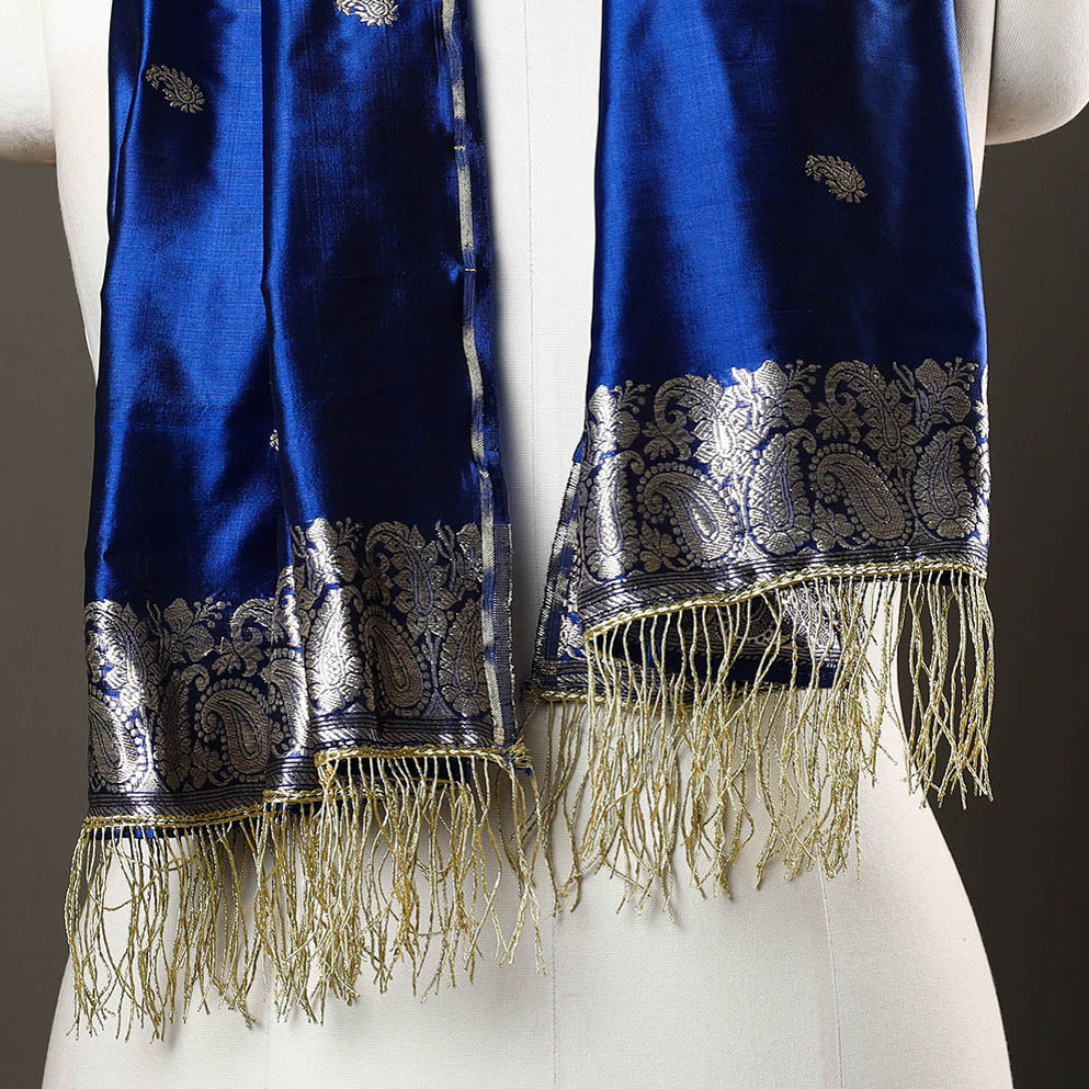 Blue - Brocade Handloom Pure Silk Banarasi Stole with Tassels 09