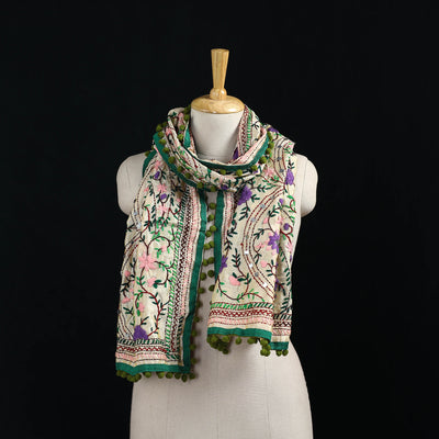Ranihati Chanderi Silk Hand Embroidered Stole with Pom Pom 215