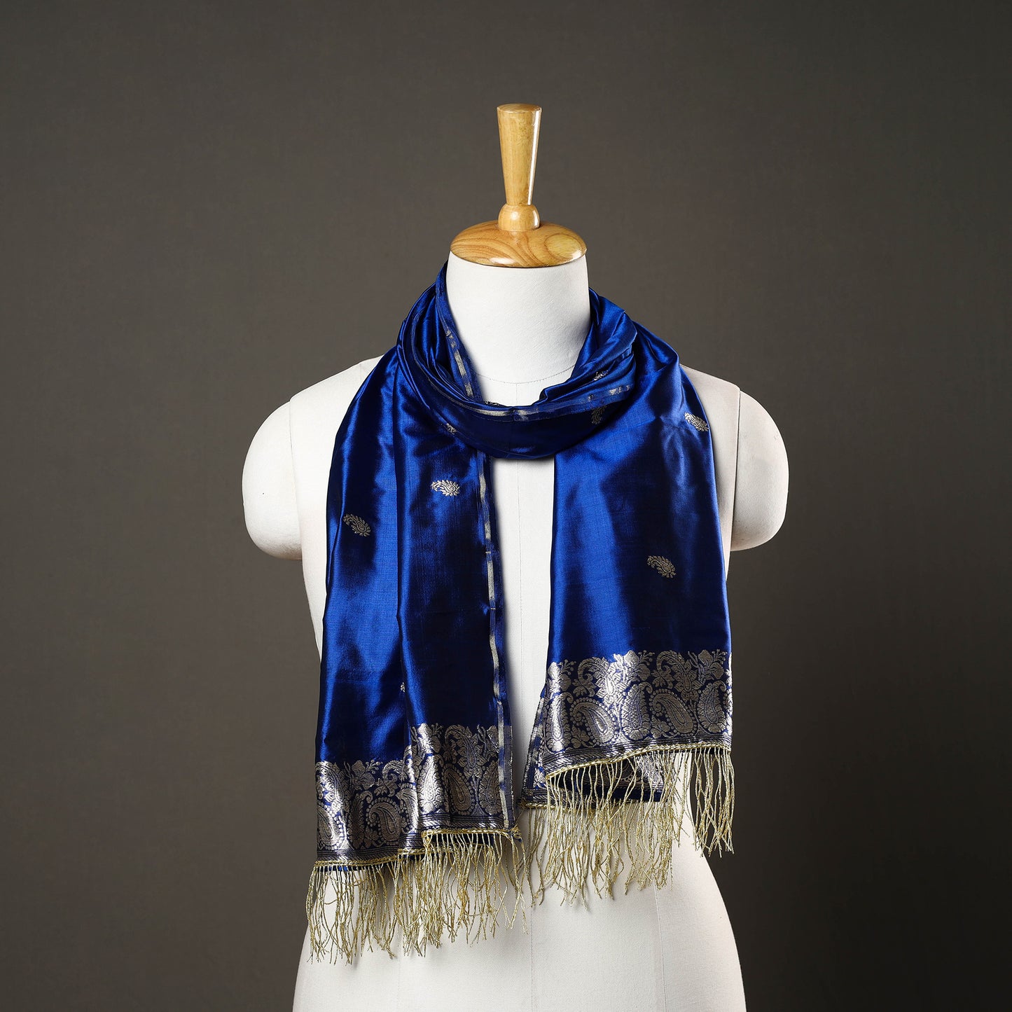 Blue - Brocade Handloom Pure Silk Banarasi Stole with Tassels 09