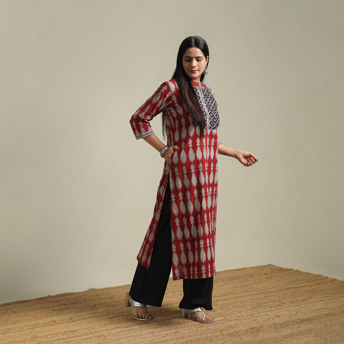 Red - Bagh Hand Block Print Natural Dyed Cotton Straight Kurta for women 03