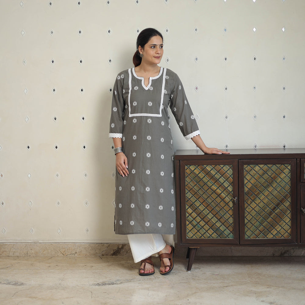 Grey - Jacquard Cotton Straight Kurta with Lace Work 28