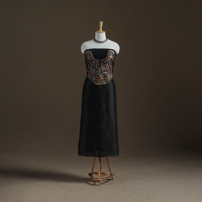 Black - Handpainted Srikalahasti Handloom Chanderi Silk Unstitched Kurta (2.3M) 20