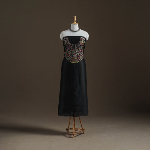 Black - Handpainted Srikalahasti Handloom Chanderi Silk Unstitched Kurta (2.3M) 20