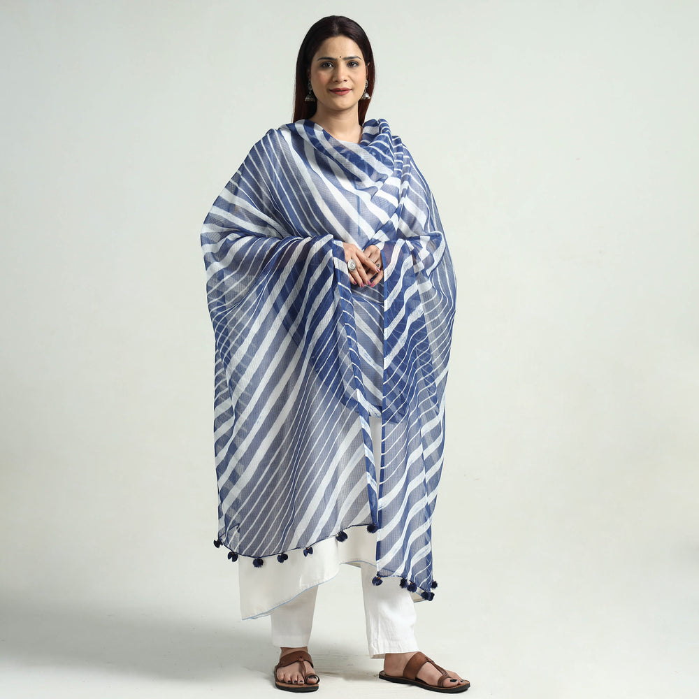 Blue - Leheriya Tie-Dye Kota Doria Cotton Dupatta with Tassels 43