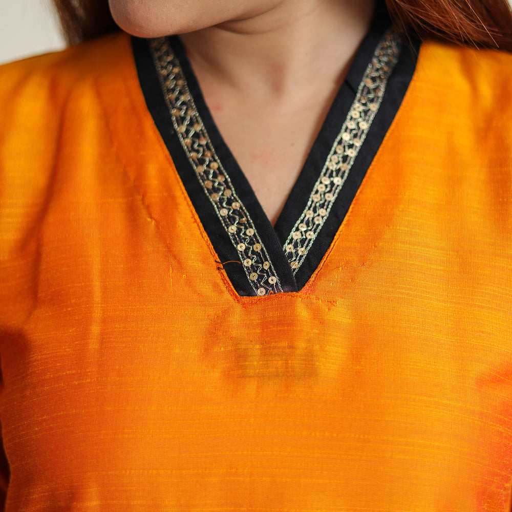 Orange - Plain Solid Slub Silk A-Line Kurta with Beadwork Hand Embroidery Lace 23