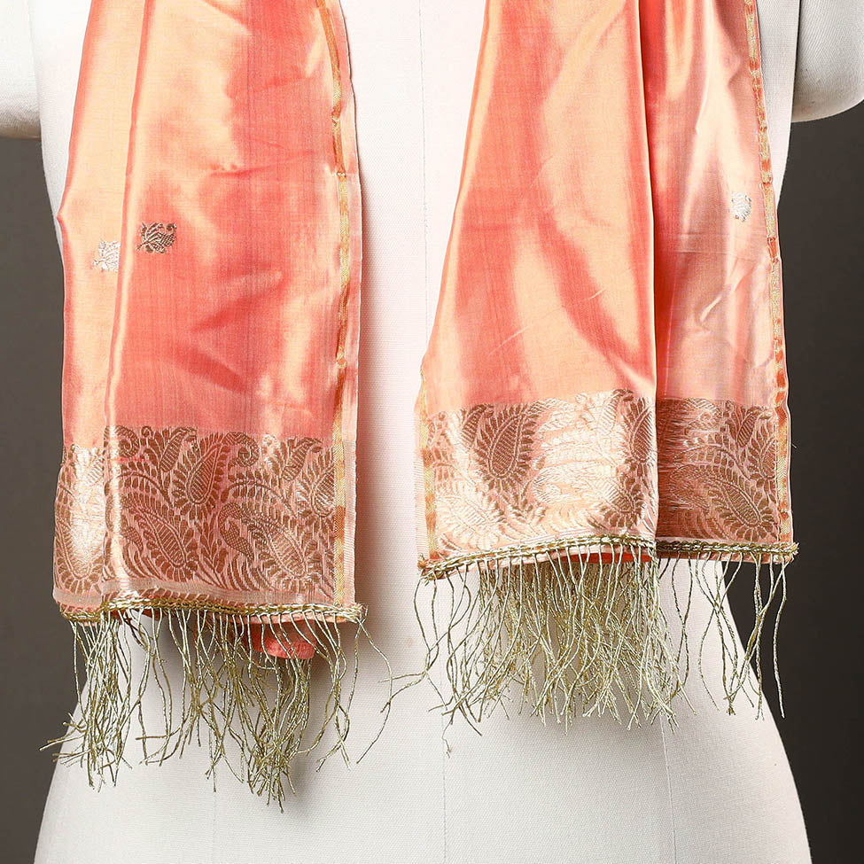 Peach - Brocade Handloom Pure Silk Banarasi Stole with Tassels 11